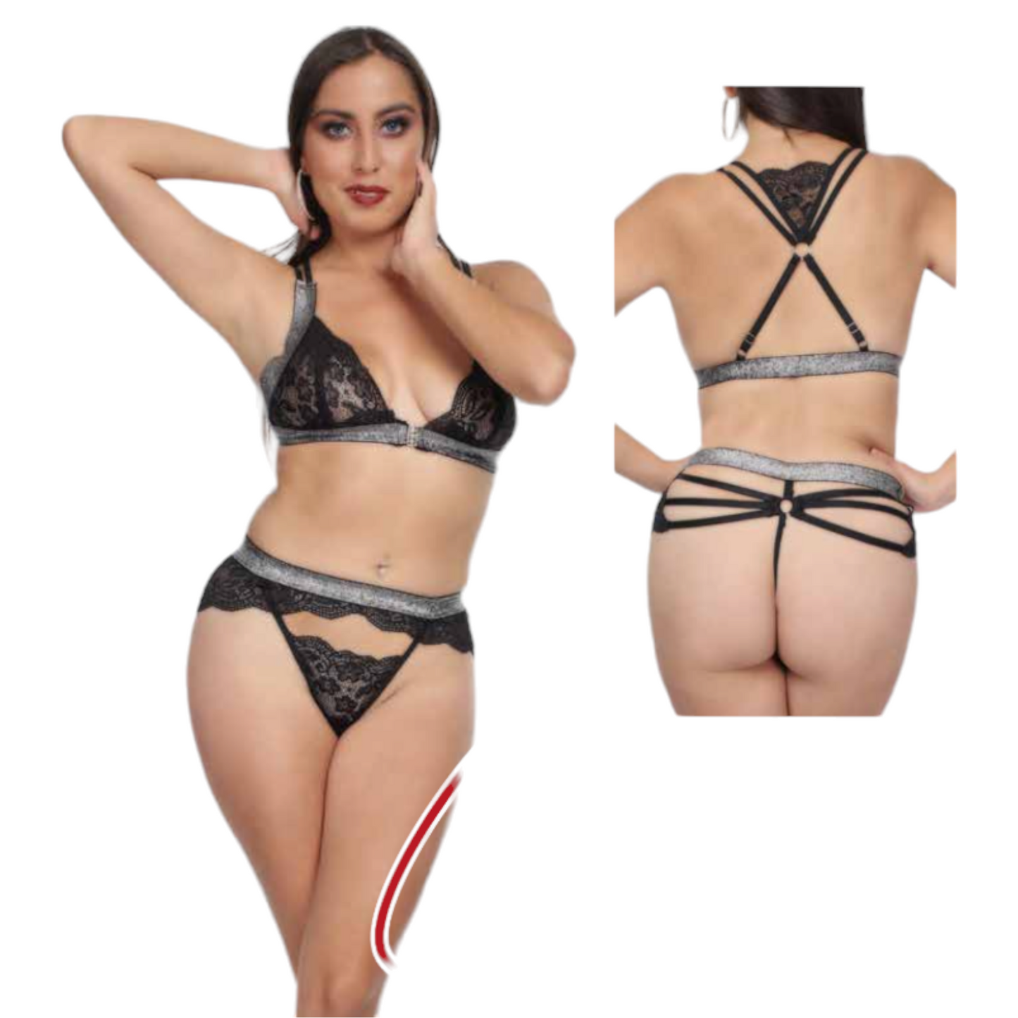 Set de bra y tanga en encaje con detalles de bies y elástico lurex unitalla #923 dama