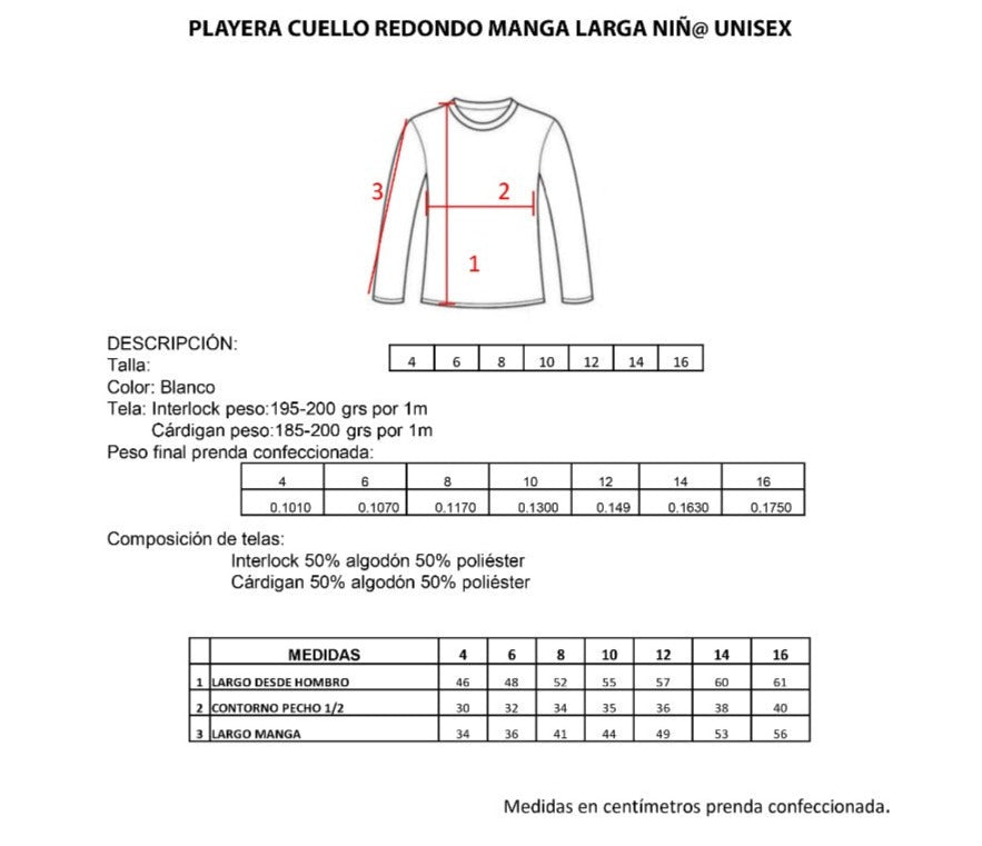 Playera cuello redondo manga larga infantil unisex